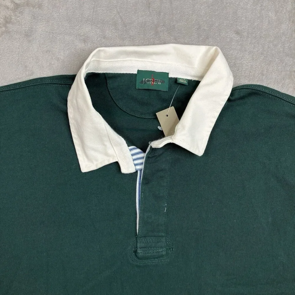 J.Crew Rugby Shirt Mens XL Tall Green Contrast Collar Striped Placket Preppy